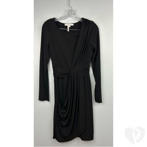 Max and Cleo Long Sleeve Wrap Panel Draped Black Midi Dress Sz 8